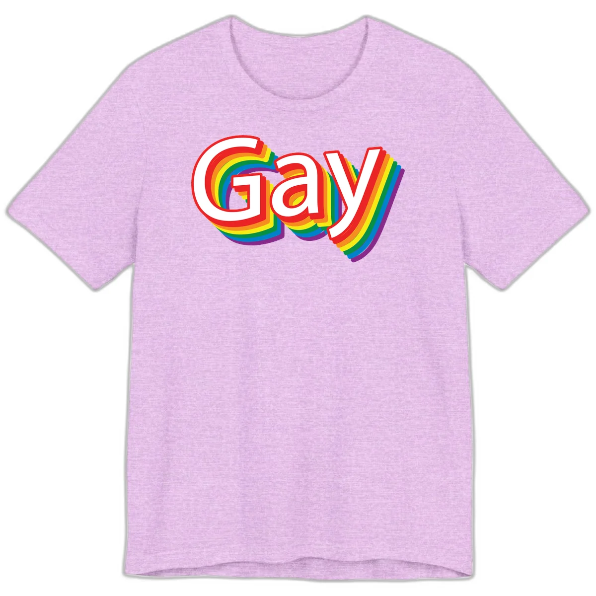 Colorful gay pride rainbow text design with bold red letters surrounded by concentric rainbow stripes in pride flag colors in Heather Prism Lilac