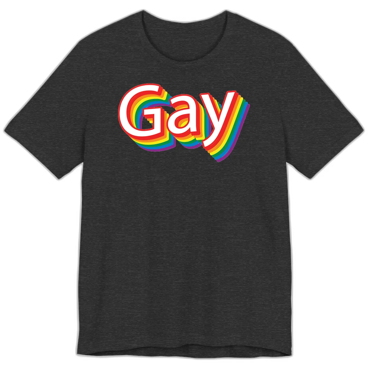 Colorful gay pride rainbow text design with bold red letters surrounded by concentric rainbow stripes in pride flag colors in Dark Grey Heather