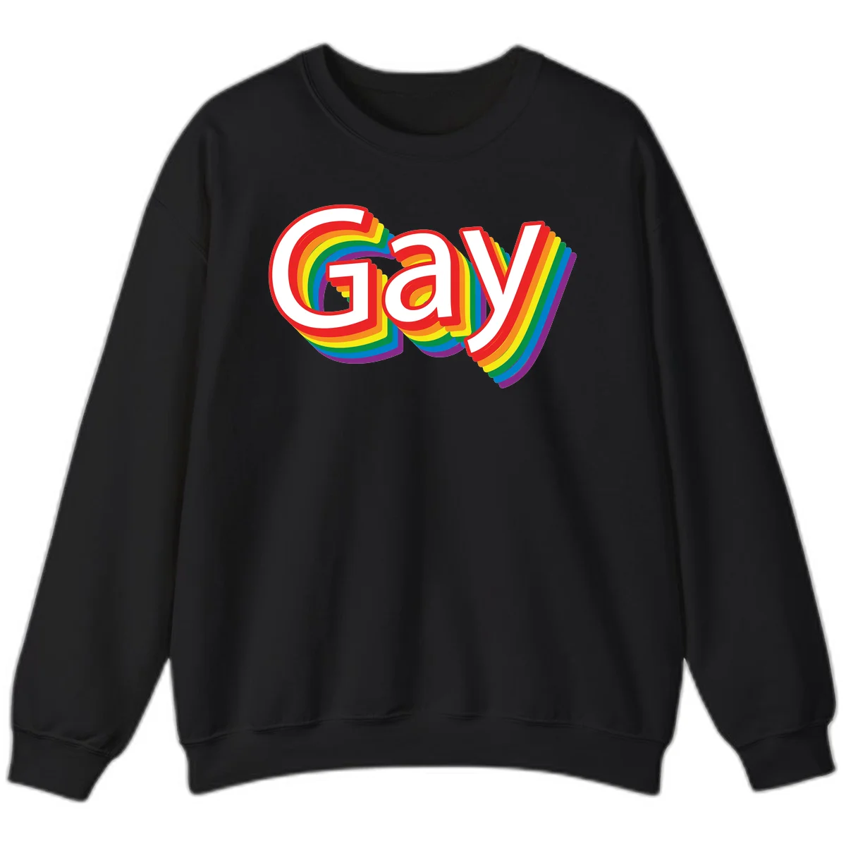 Colorful gay pride rainbow text design with bold red letters surrounded by concentric rainbow stripes in pride flag colors in Black