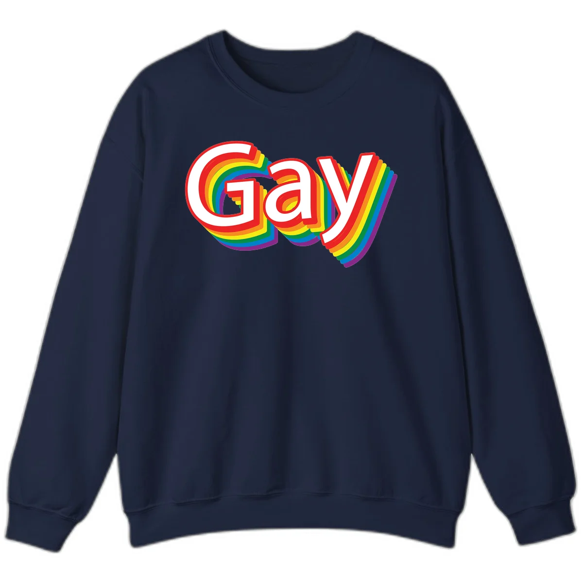 Colorful gay pride rainbow text design with bold red letters surrounded by concentric rainbow stripes in pride flag colors in Navy