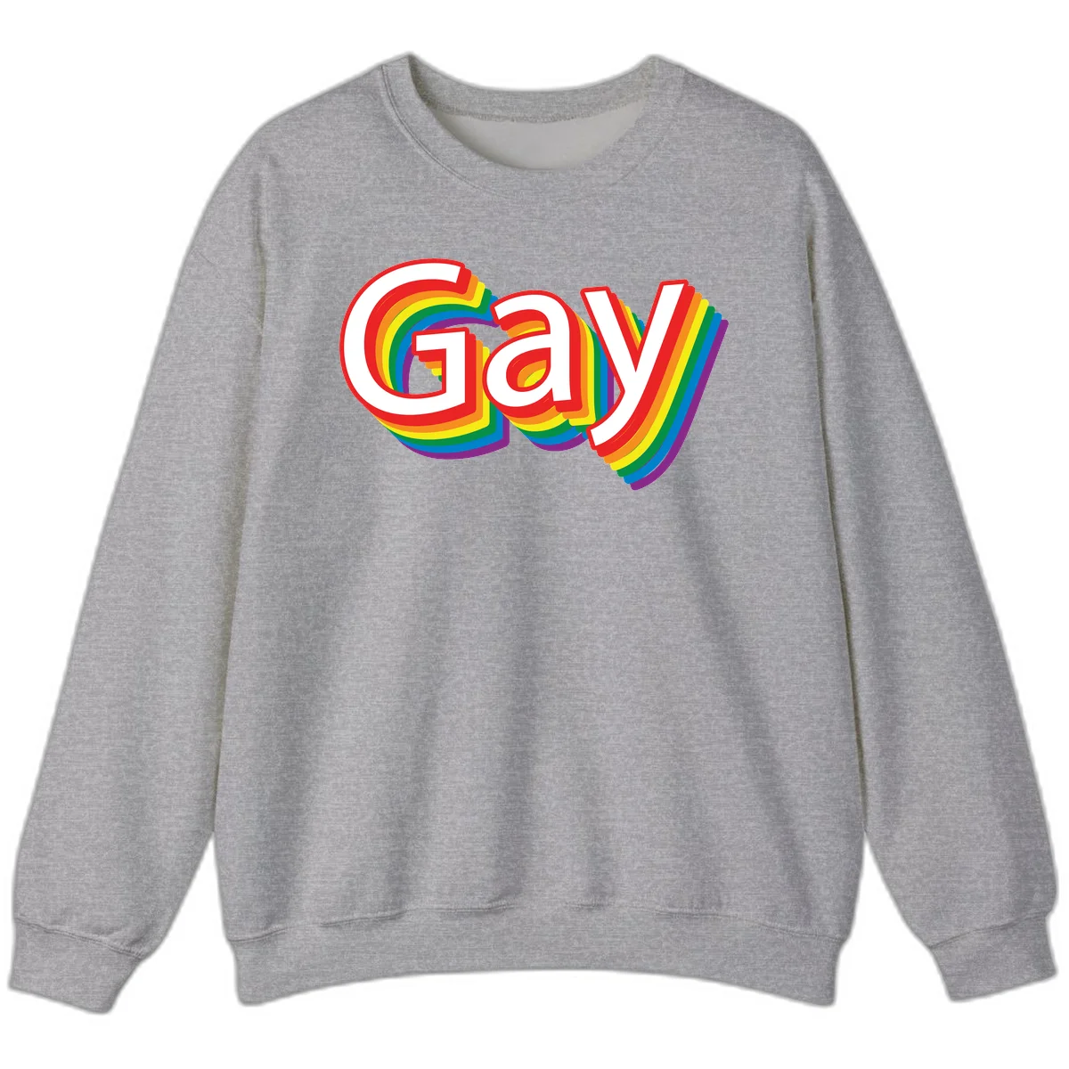 Colorful gay pride rainbow text design with bold red letters surrounded by concentric rainbow stripes in pride flag colors in Sport Grey