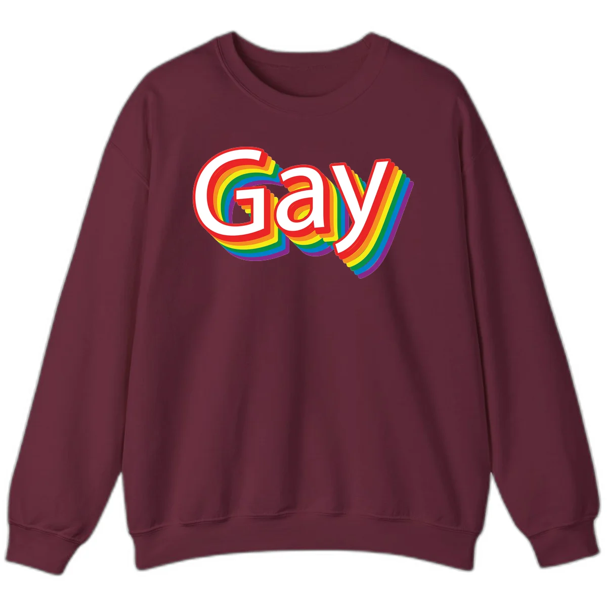 Colorful gay pride rainbow text design with bold red letters surrounded by concentric rainbow stripes in pride flag colors in Maroon
