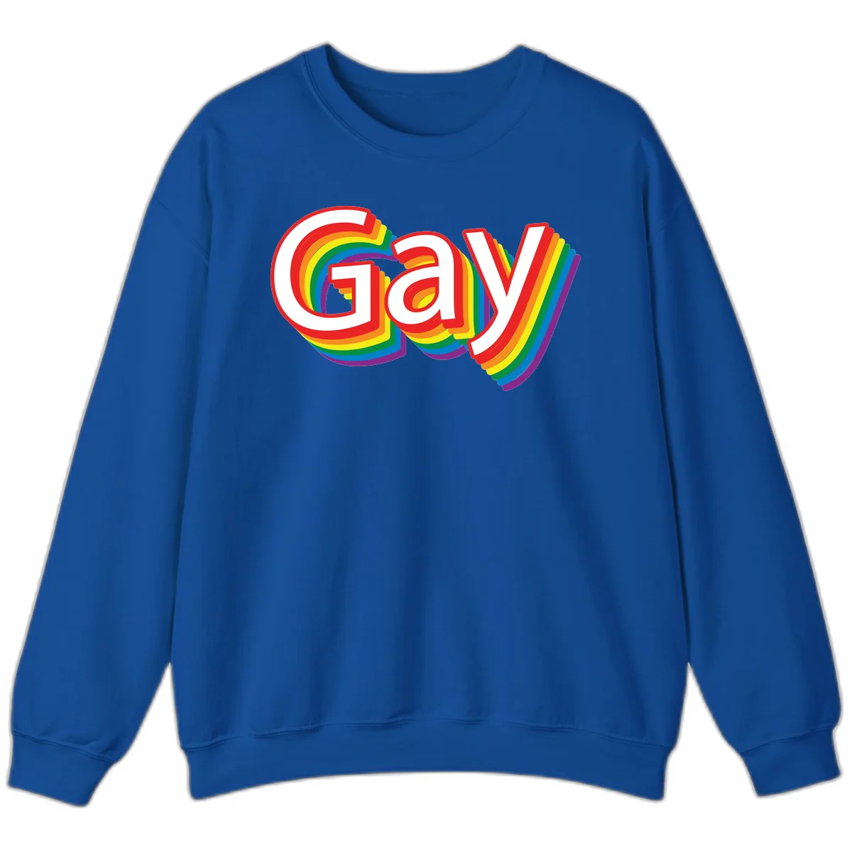 Colorful gay pride rainbow text design with bold red letters surrounded by concentric rainbow stripes in pride flag colors in Royal