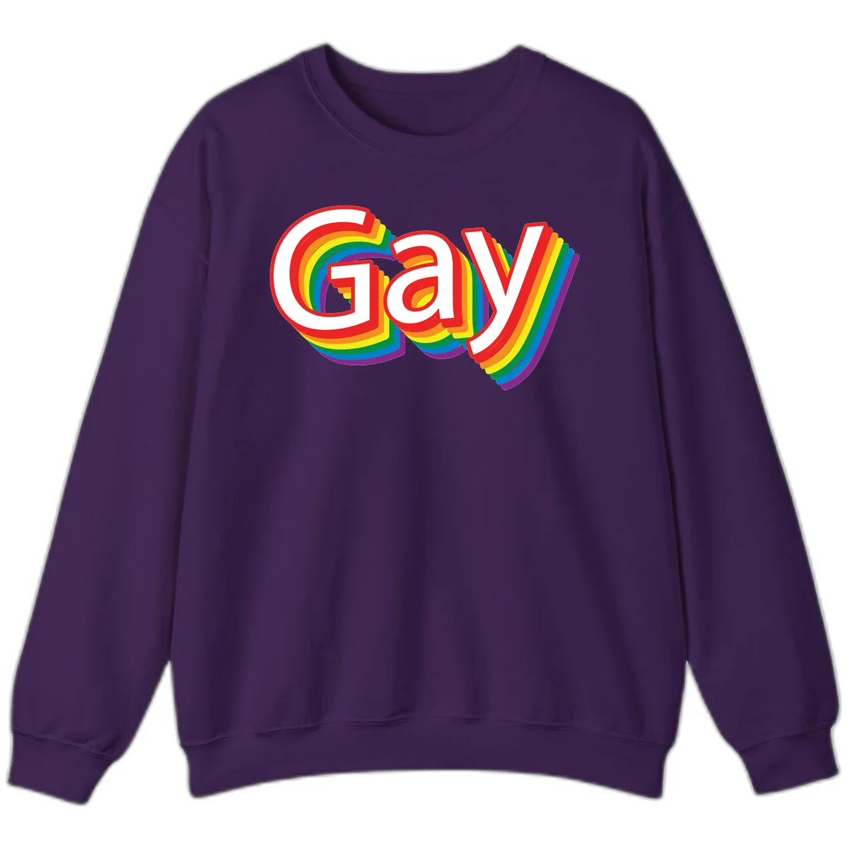 Colorful gay pride rainbow text design with bold red letters surrounded by concentric rainbow stripes in pride flag colors in Purple