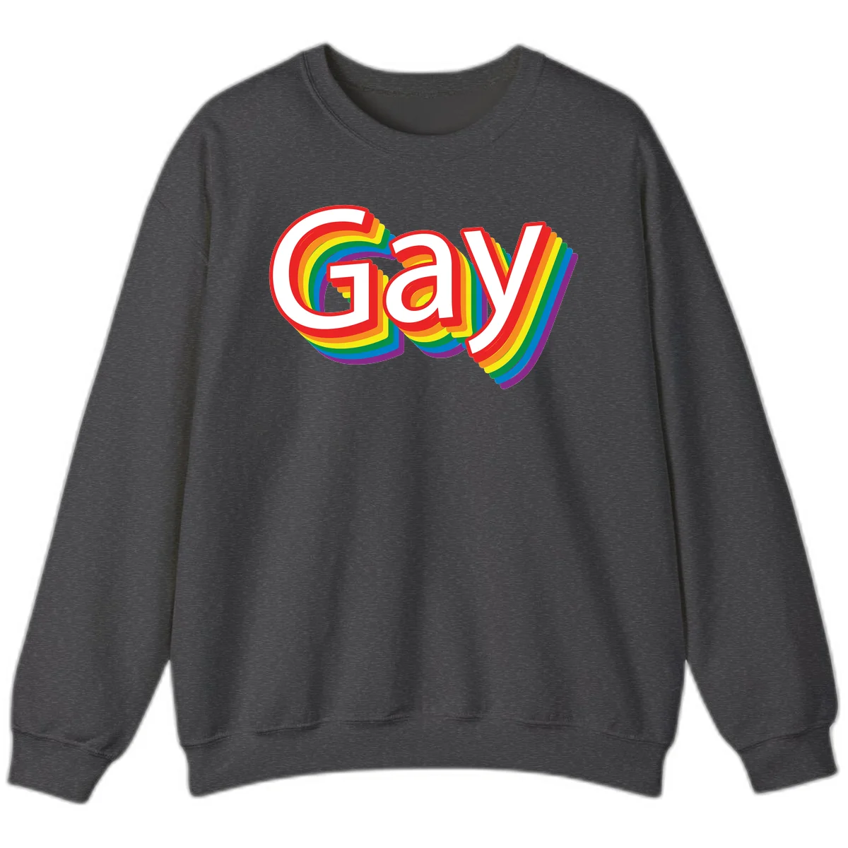 Colorful gay pride rainbow text design with bold red letters surrounded by concentric rainbow stripes in pride flag colors in Dark Heather