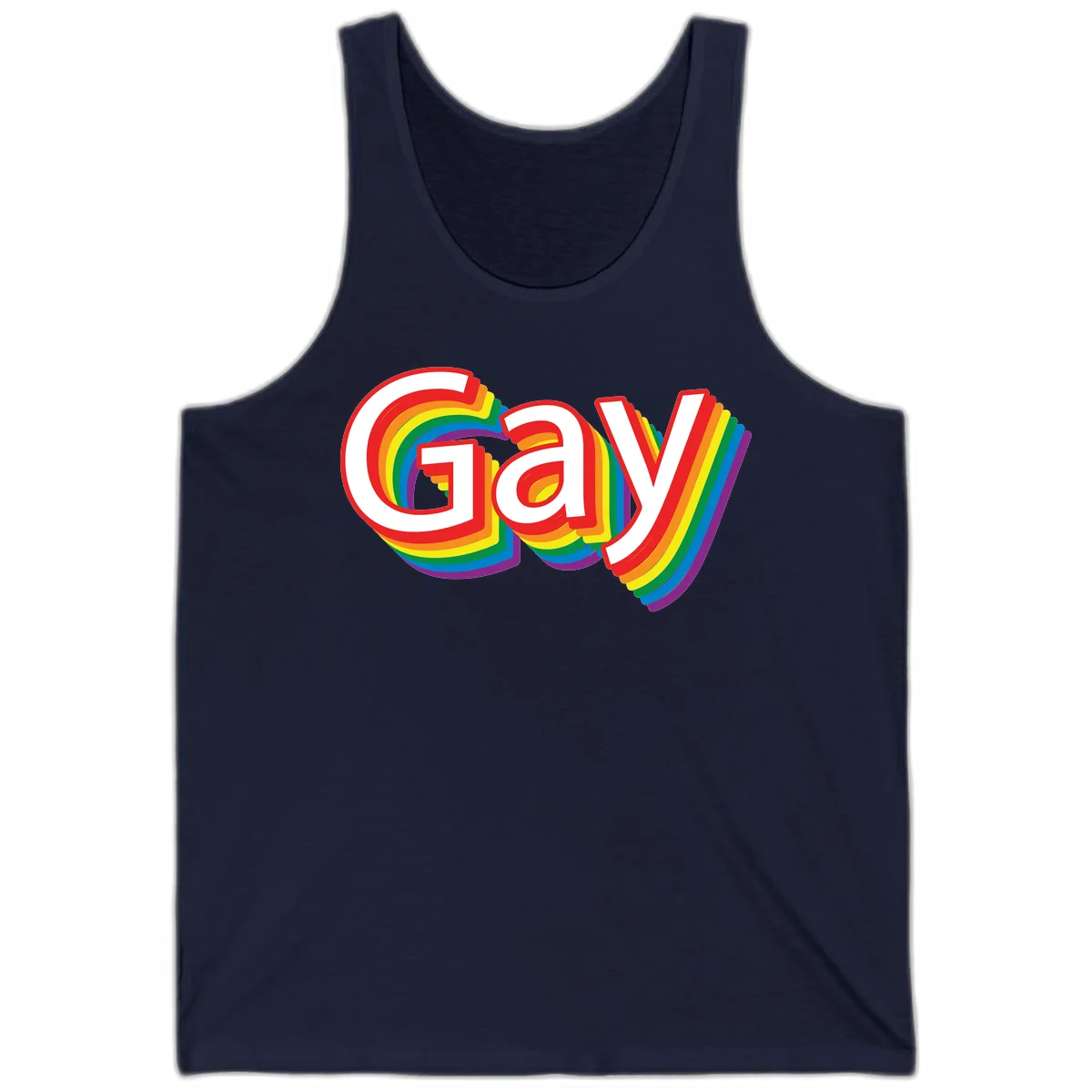 Colorful gay pride rainbow text design with bold red letters surrounded by concentric rainbow stripes in pride flag colors in Navy