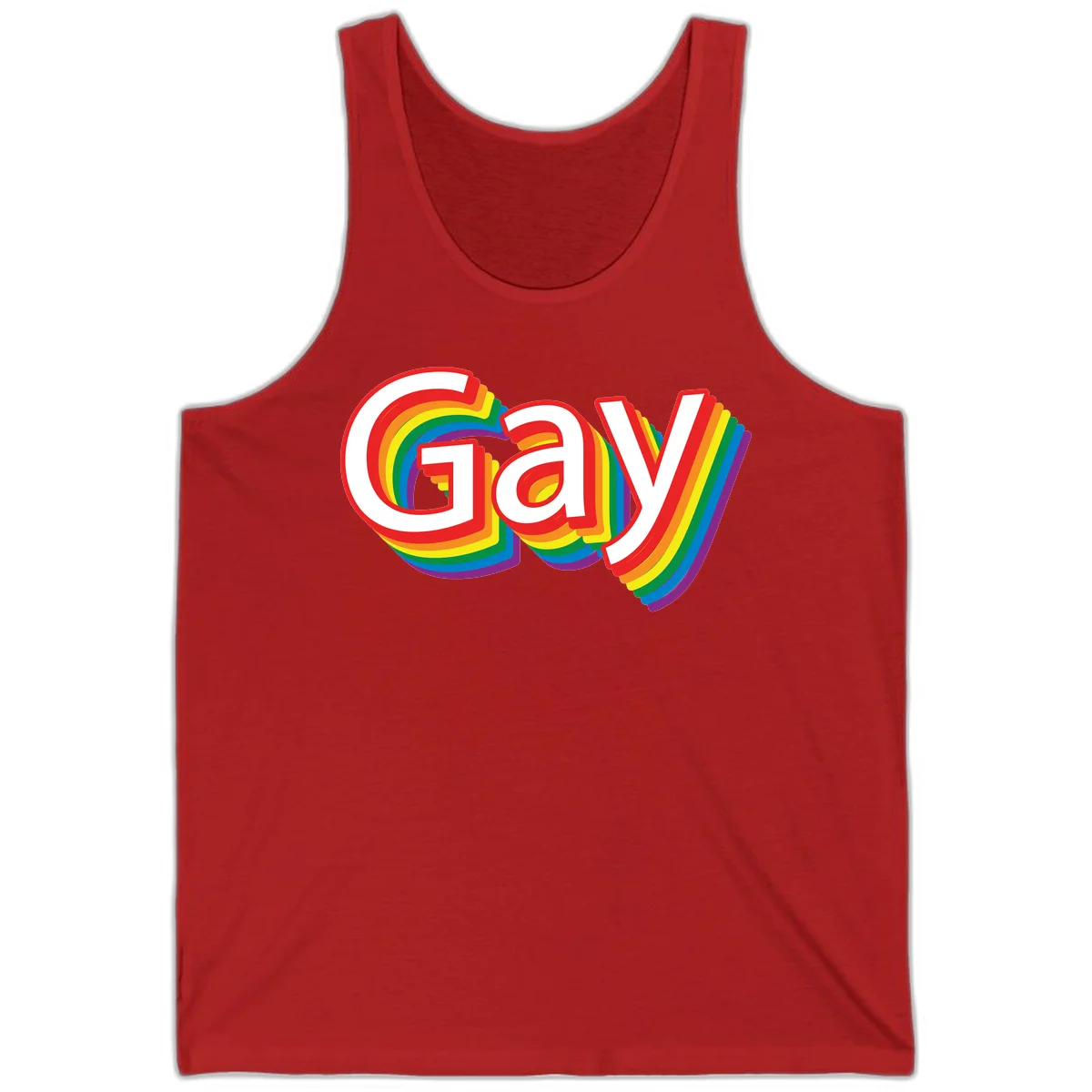 Colorful gay pride rainbow text design with bold red letters surrounded by concentric rainbow stripes in pride flag colors in Red