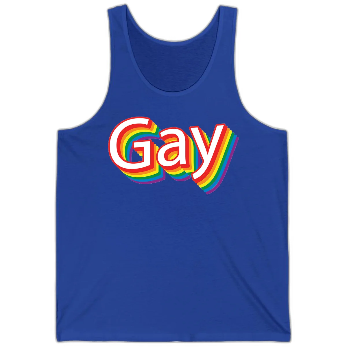 Colorful gay pride rainbow text design with bold red letters surrounded by concentric rainbow stripes in pride flag colors in True Royal