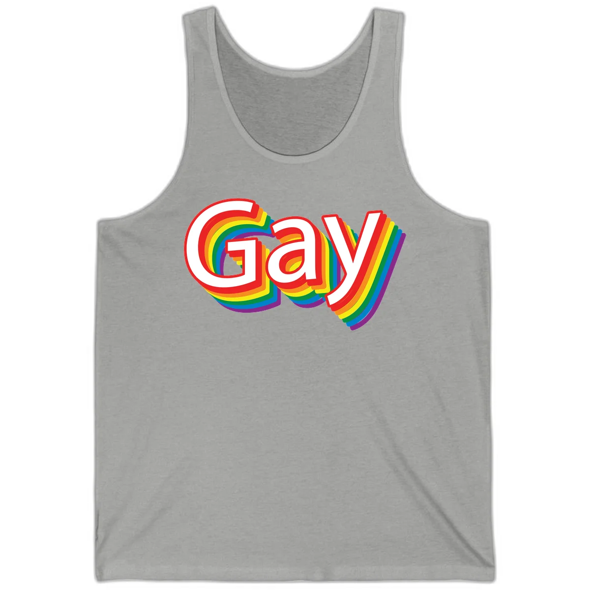 Colorful gay pride rainbow text design with bold red letters surrounded by concentric rainbow stripes in pride flag colors in Athletic Heather