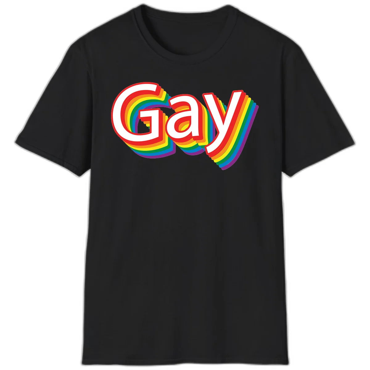 Colorful gay pride rainbow text design with bold red letters surrounded by concentric rainbow stripes in pride flag colors in Black