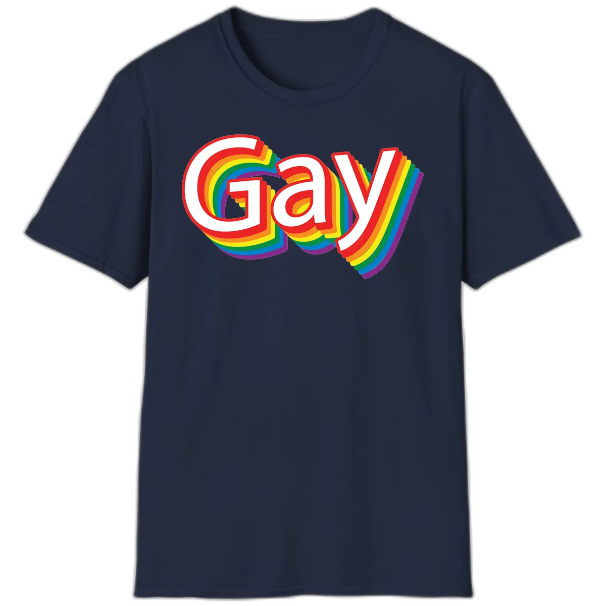 Colorful gay pride rainbow text design with bold red letters surrounded by concentric rainbow stripes in pride flag colors in Navy