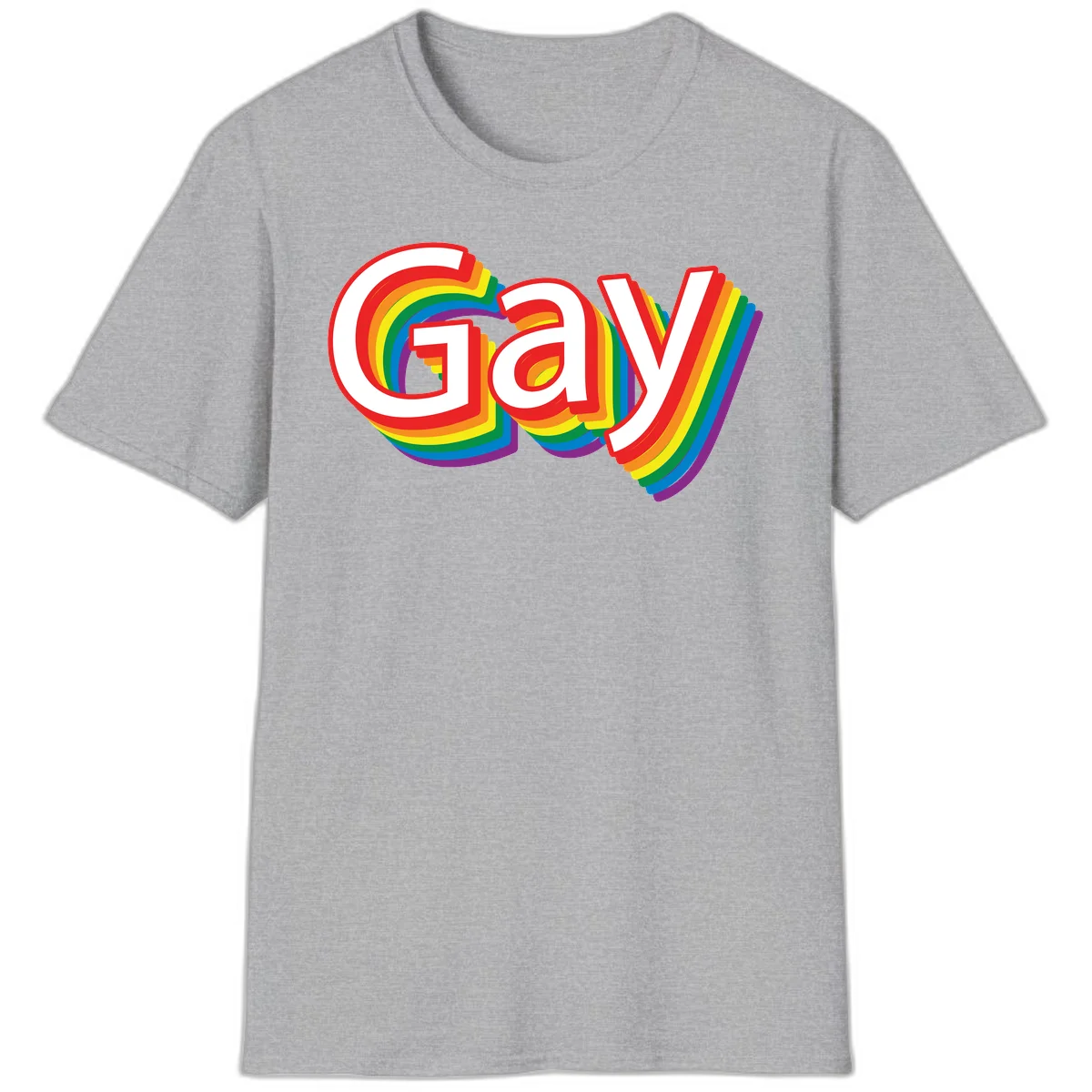 Colorful gay pride rainbow text design with bold red letters surrounded by concentric rainbow stripes in pride flag colors in Sport Grey