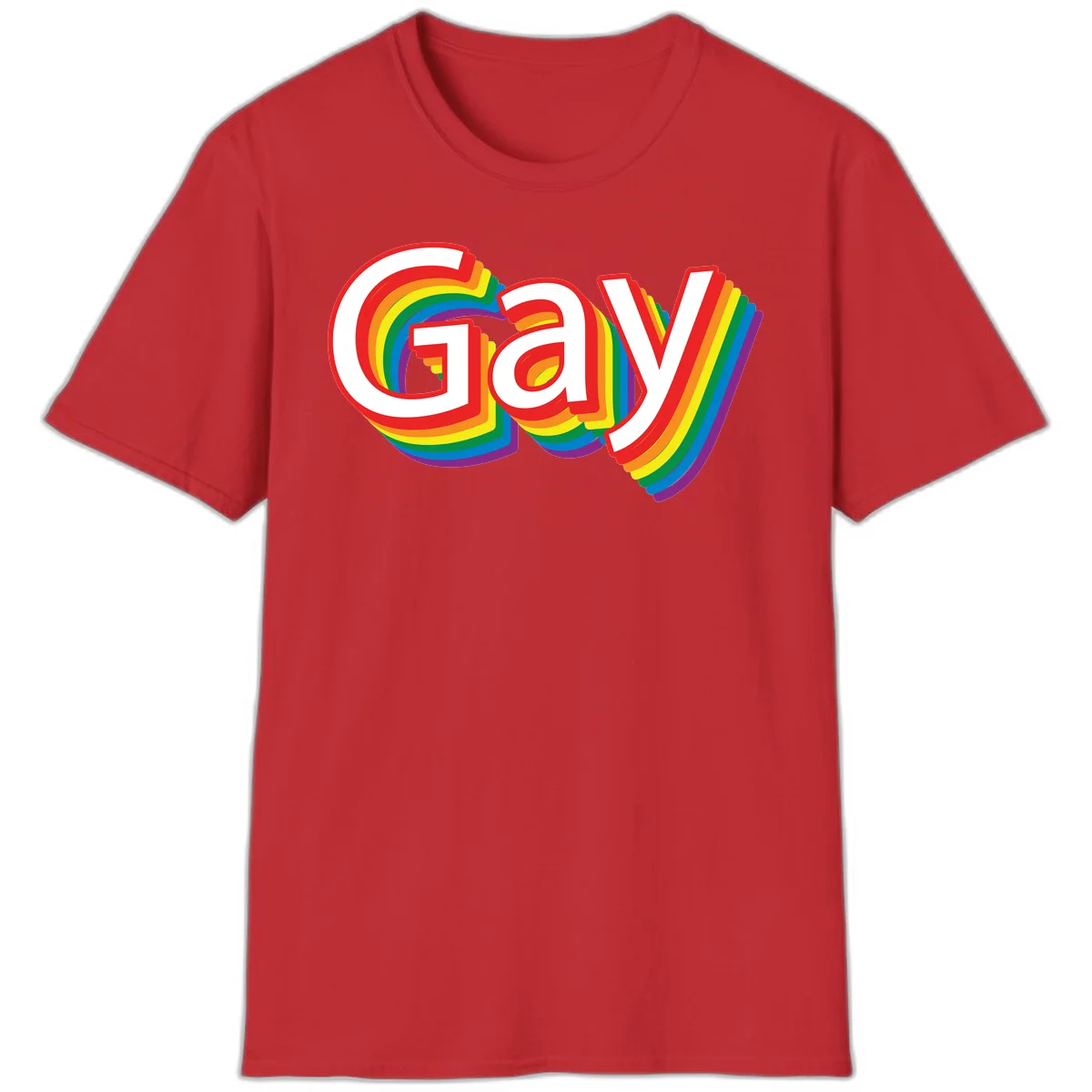Colorful gay pride rainbow text design with bold red letters surrounded by concentric rainbow stripes in pride flag colors in Red