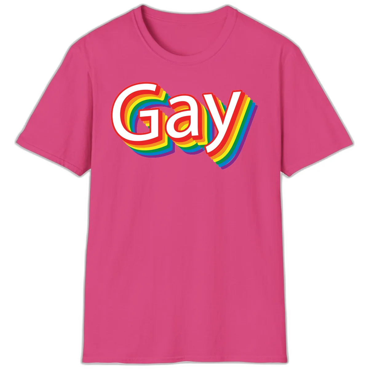 Colorful gay pride rainbow text design with bold red letters surrounded by concentric rainbow stripes in pride flag colors in Heliconia