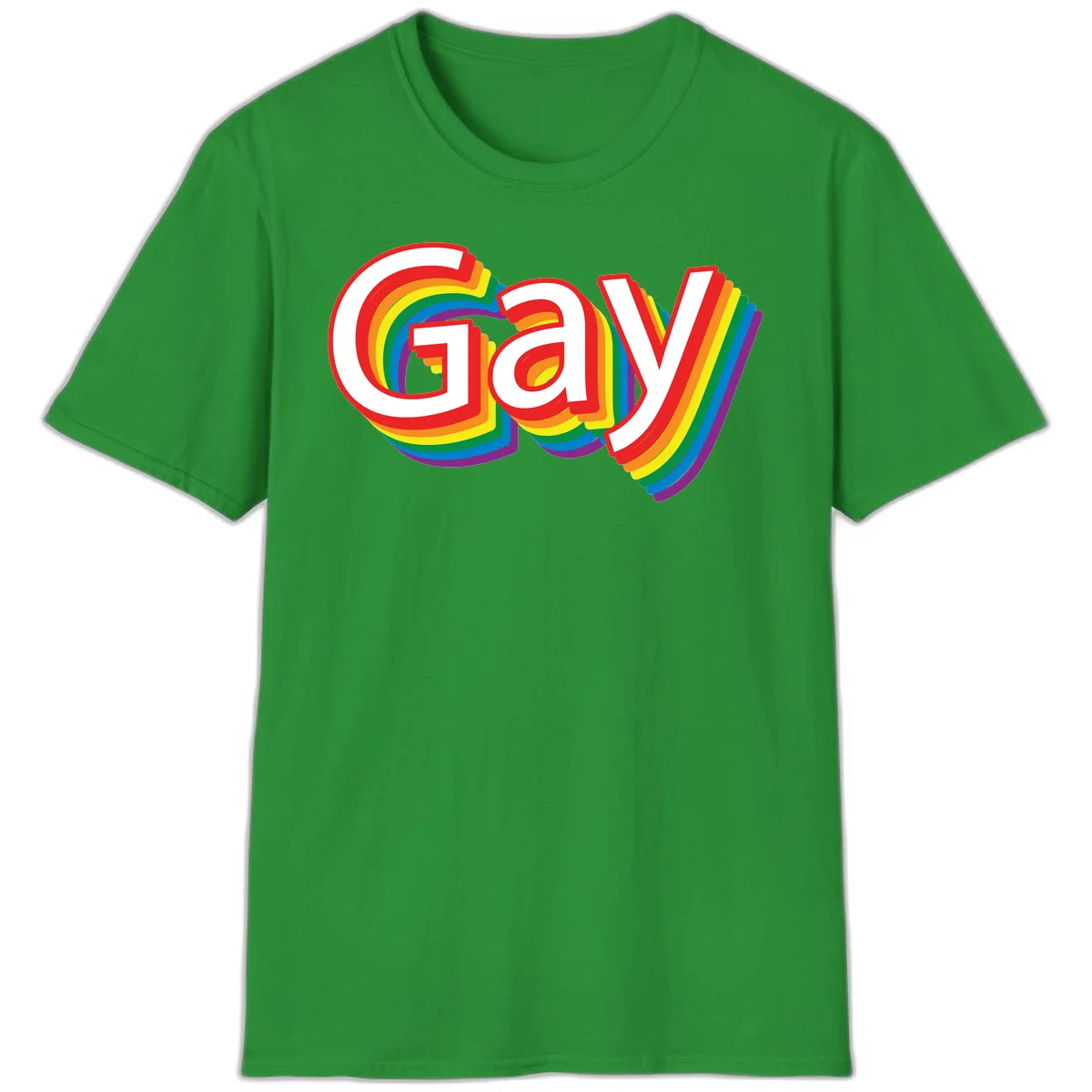 Colorful gay pride rainbow text design with bold red letters surrounded by concentric rainbow stripes in pride flag colors in Irish Green