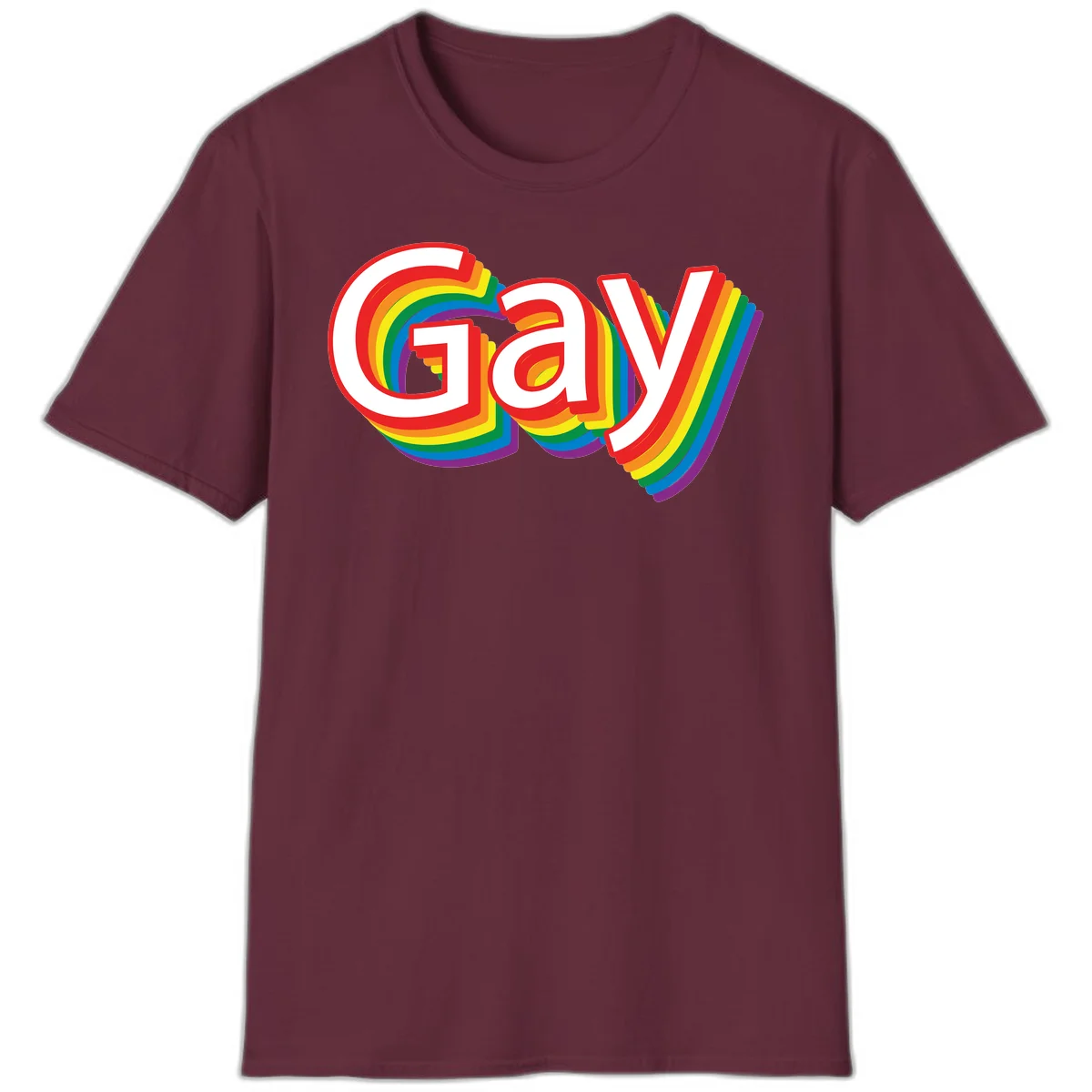 Colorful gay pride rainbow text design with bold red letters surrounded by concentric rainbow stripes in pride flag colors in Maroon