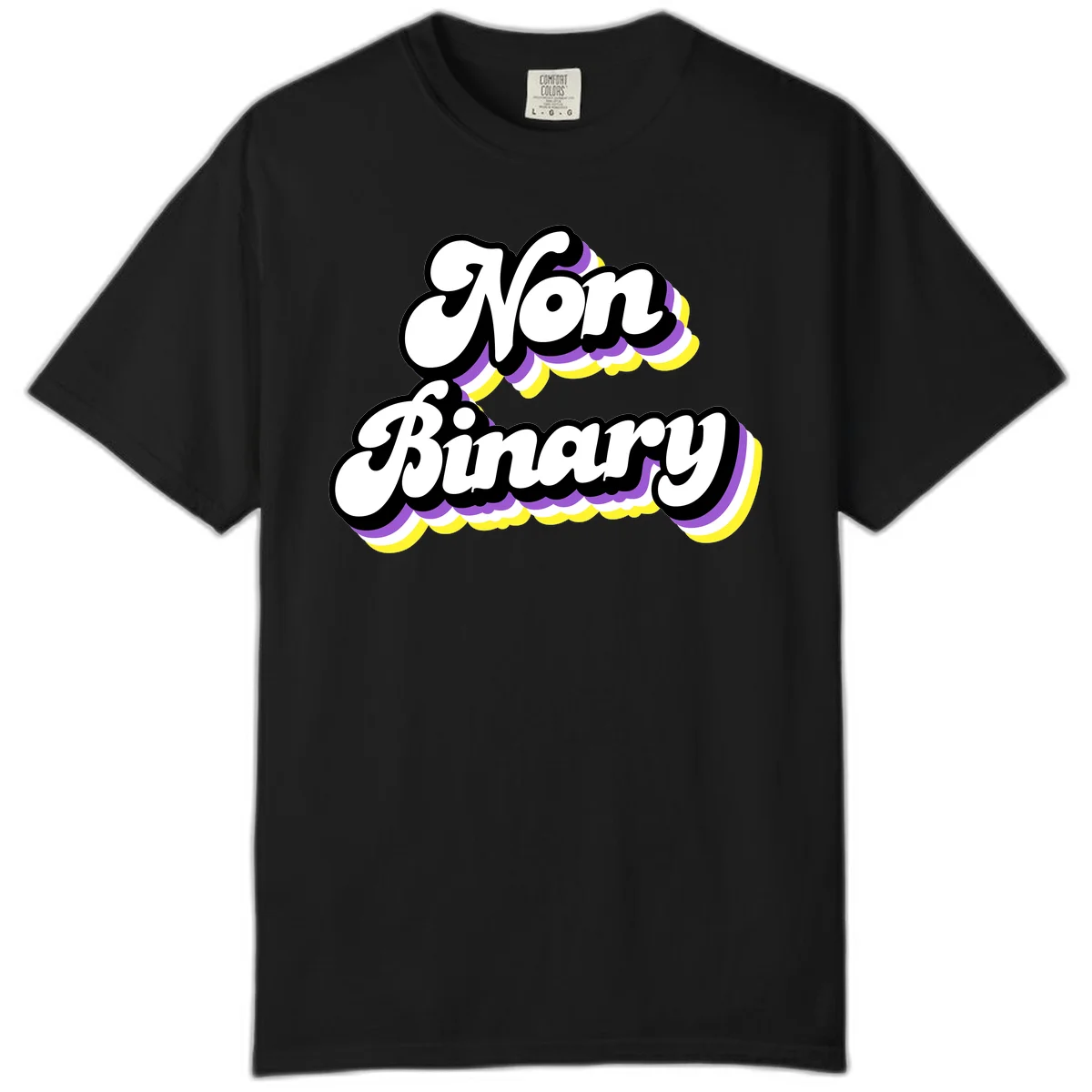 Non-binary pride cloud design with bold white lettering outlined in black and purple-yellow striped cloud shapes. in Black