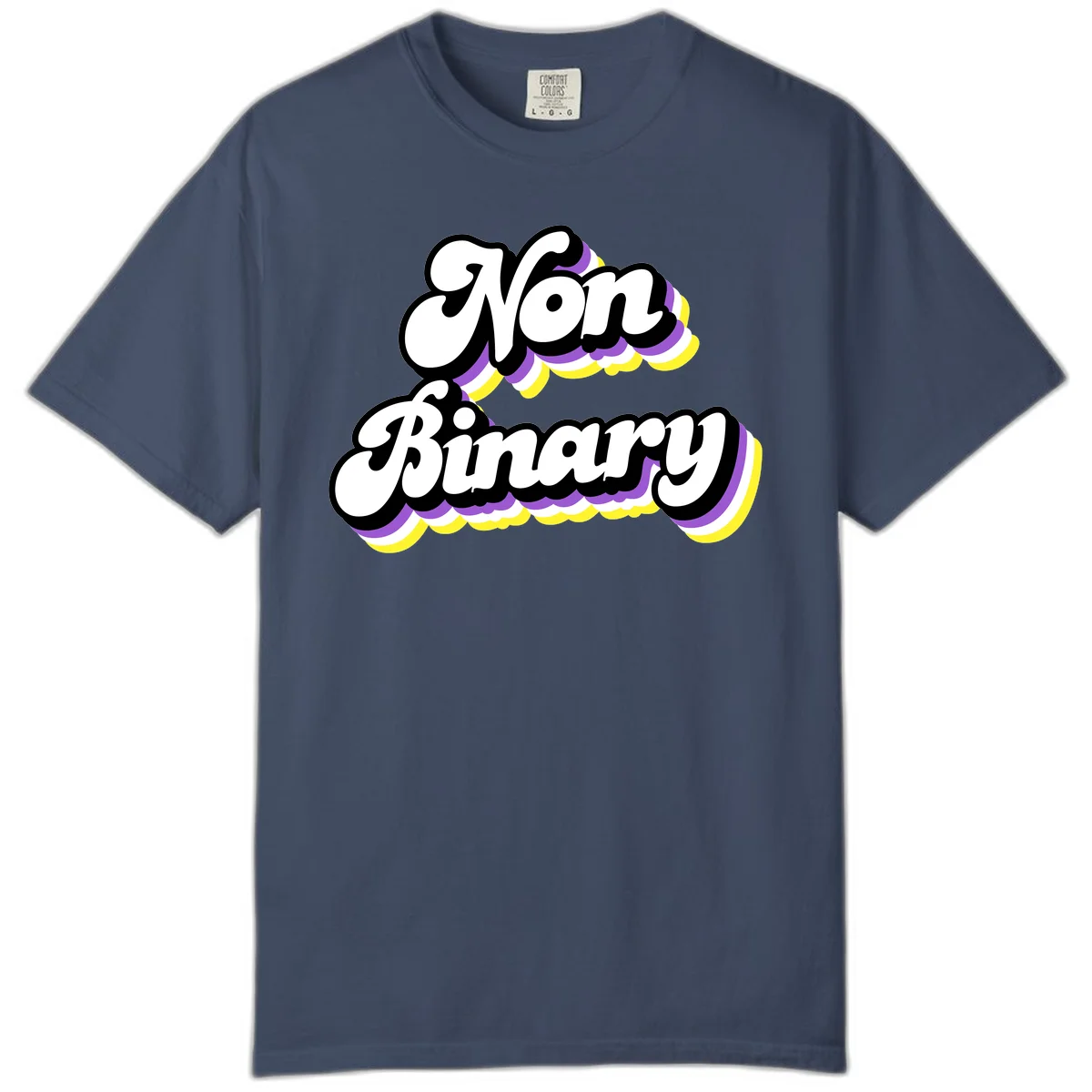Non-binary pride cloud design with bold white lettering outlined in black and purple-yellow striped cloud shapes. in Midnight