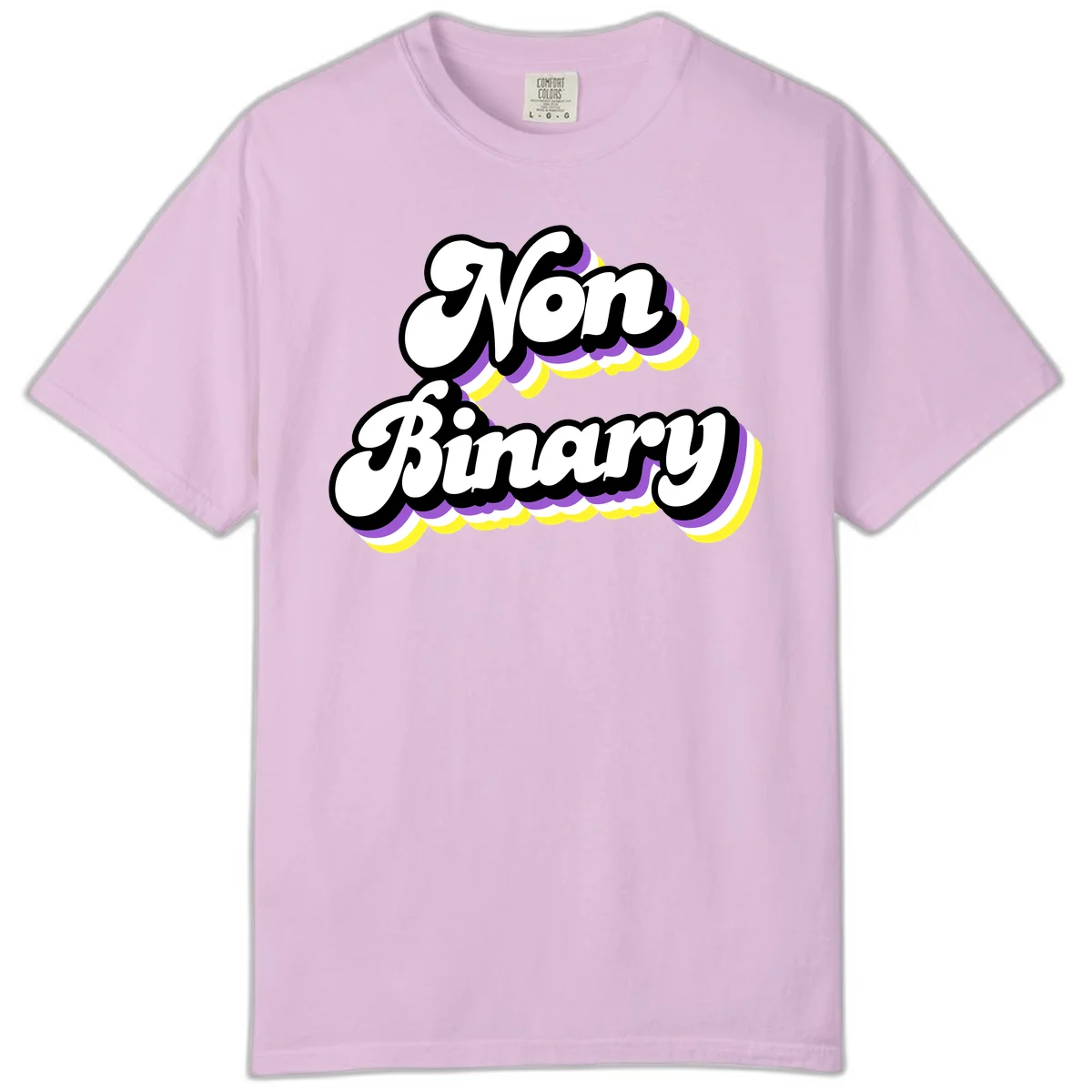 Non-binary pride cloud design with bold white lettering outlined in black and purple-yellow striped cloud shapes. in Orchid