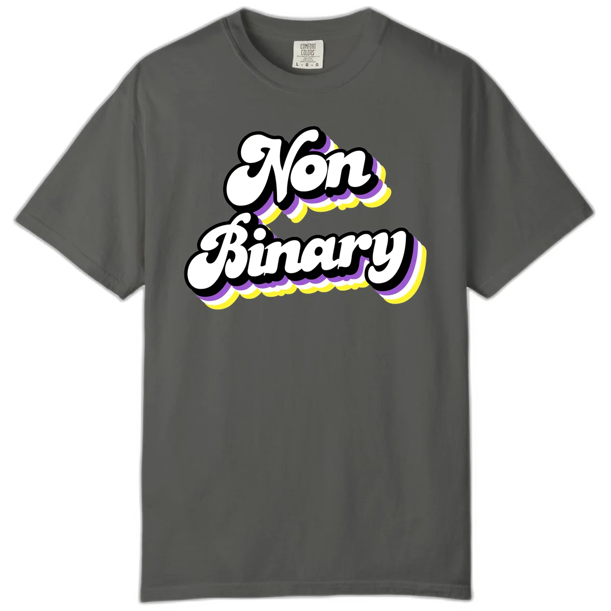 Non-binary pride cloud design with bold white lettering outlined in black and purple-yellow striped cloud shapes. in Pepper