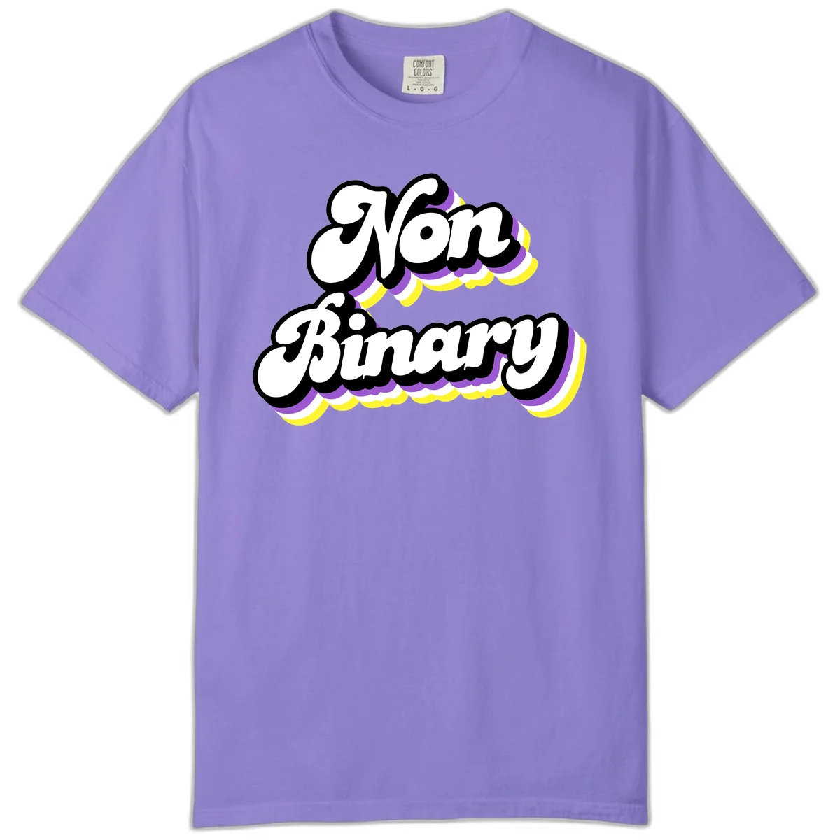 Non-binary pride cloud design with bold white lettering outlined in black and purple-yellow striped cloud shapes. in Violet
