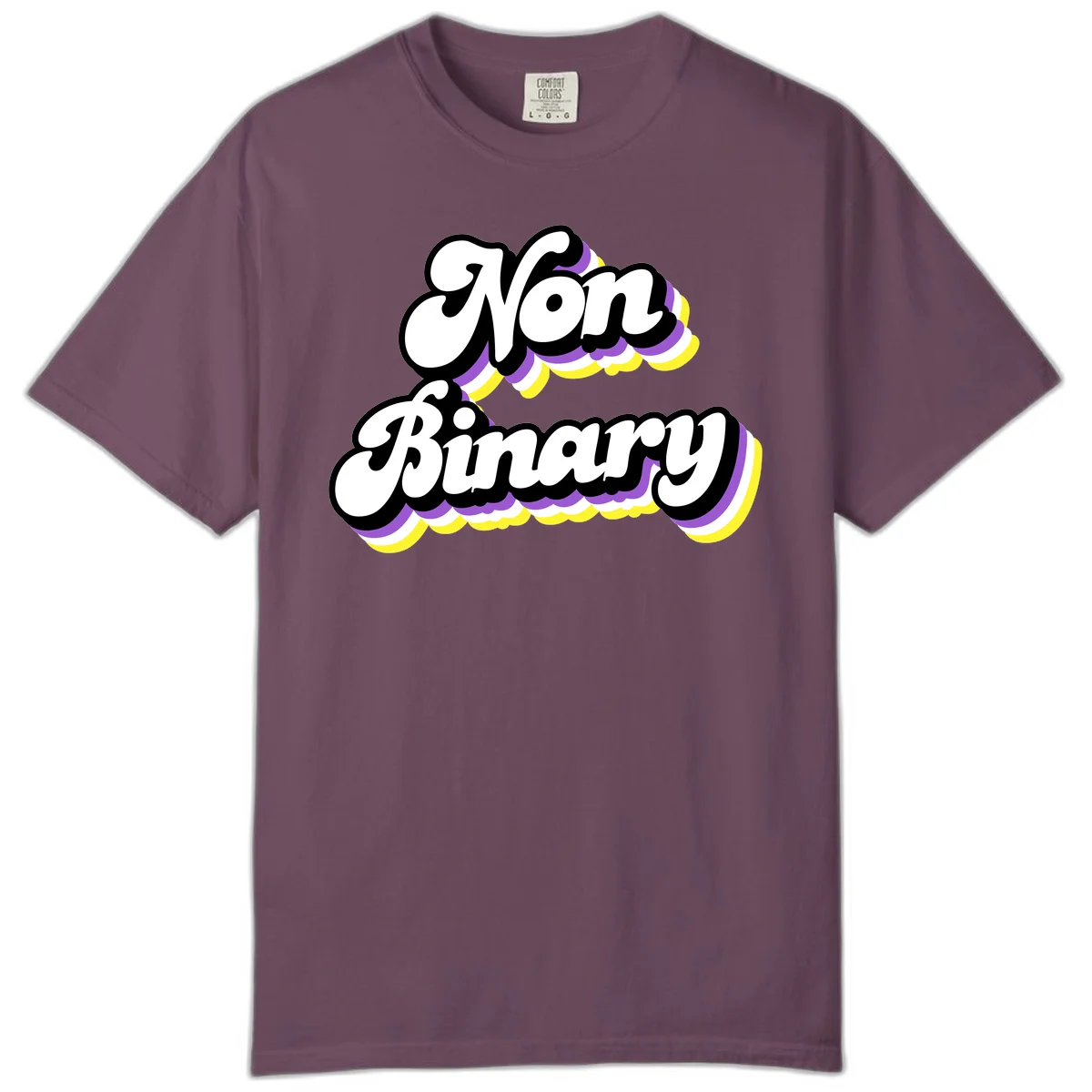 Non-binary pride cloud design with bold white lettering outlined in black and purple-yellow striped cloud shapes. in Berry