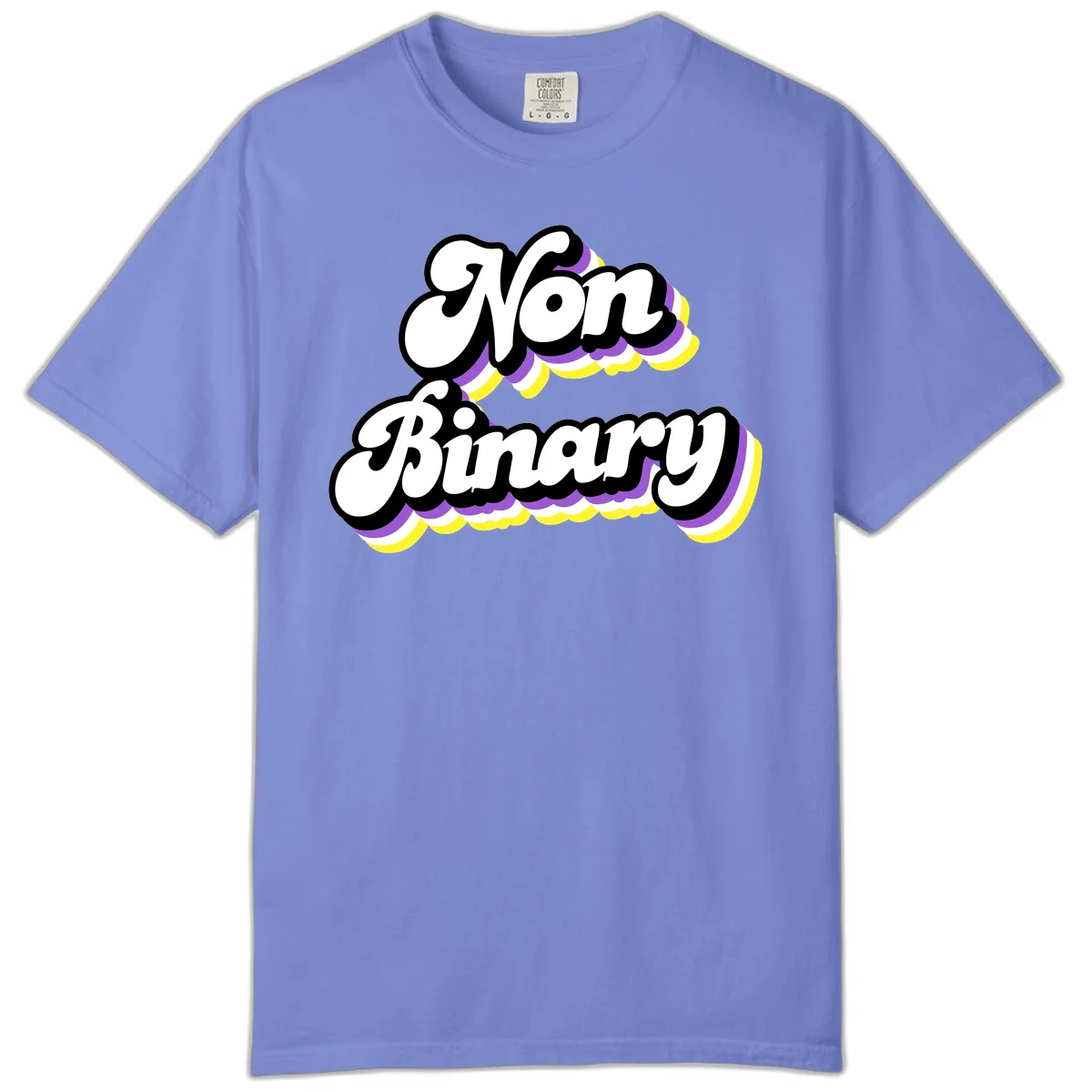 Non-binary pride cloud design with bold white lettering outlined in black and purple-yellow striped cloud shapes. in Flo Blue