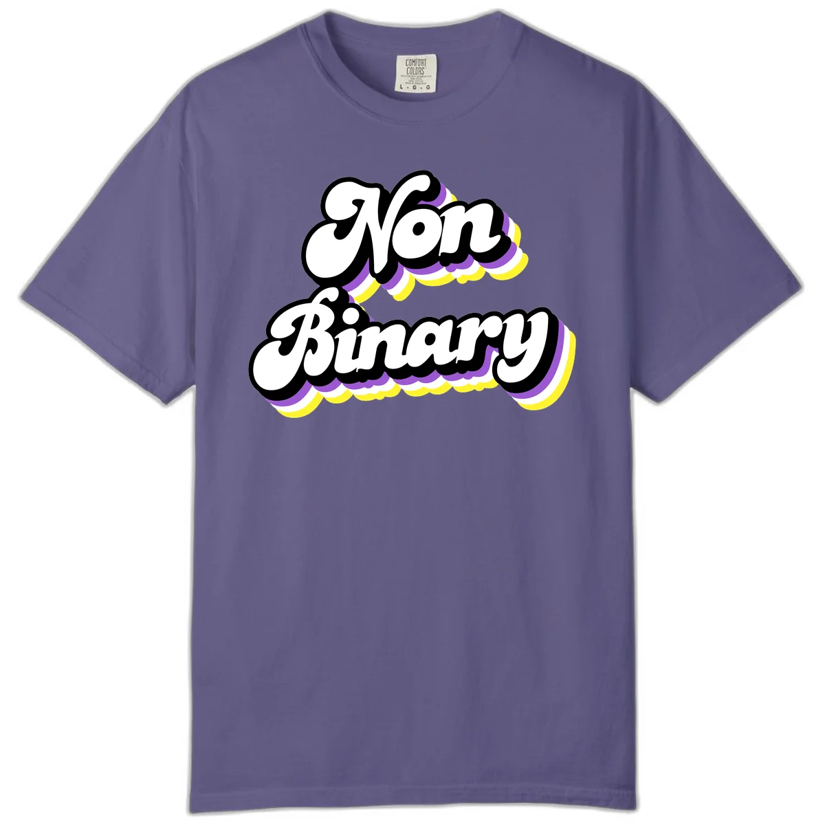 Non-binary pride cloud design with bold white lettering outlined in black and purple-yellow striped cloud shapes. in Grape