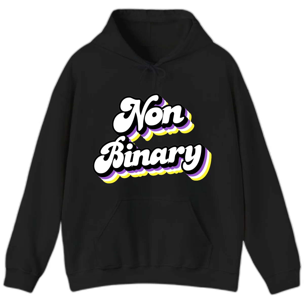 Non-binary pride cloud design with bold white lettering outlined in black and purple-yellow striped cloud shapes. in Black