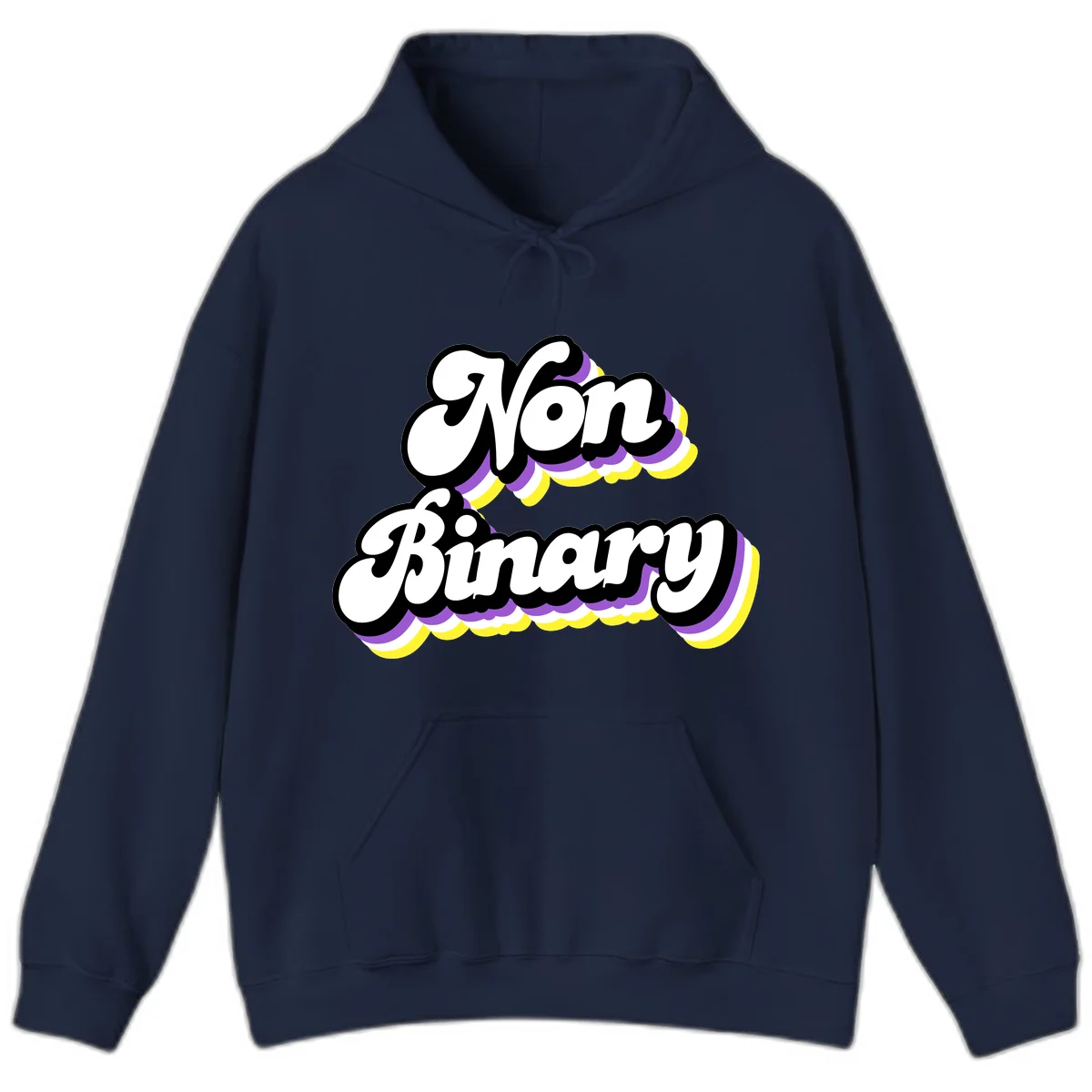 Non-binary pride cloud design with bold white lettering outlined in black and purple-yellow striped cloud shapes. in Navy