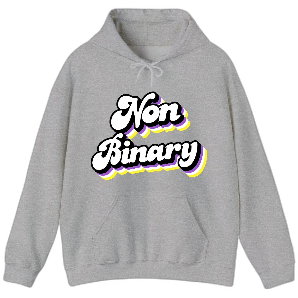 Non-binary pride cloud design with bold white lettering outlined in black and purple-yellow striped cloud shapes. in Sport Grey