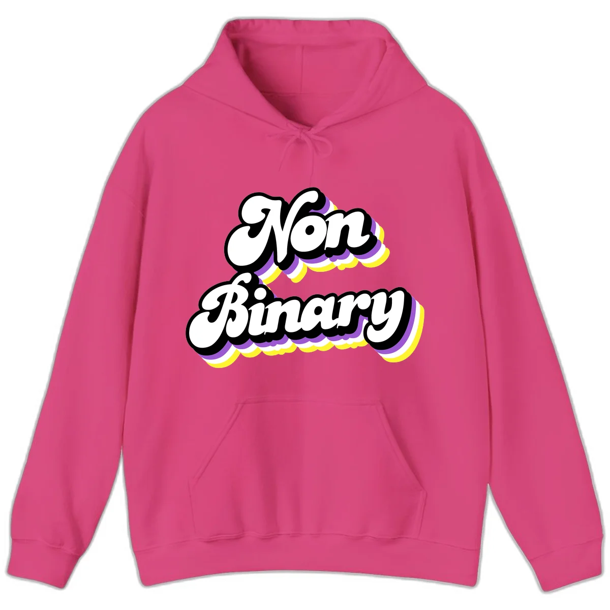 Non-binary pride cloud design with bold white lettering outlined in black and purple-yellow striped cloud shapes. in Heliconia