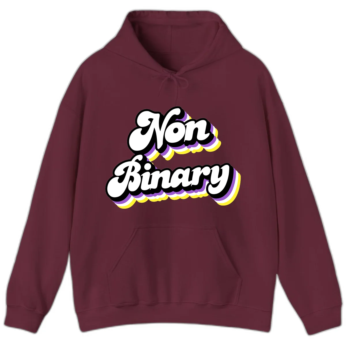Non-binary pride cloud design with bold white lettering outlined in black and purple-yellow striped cloud shapes. in Maroon