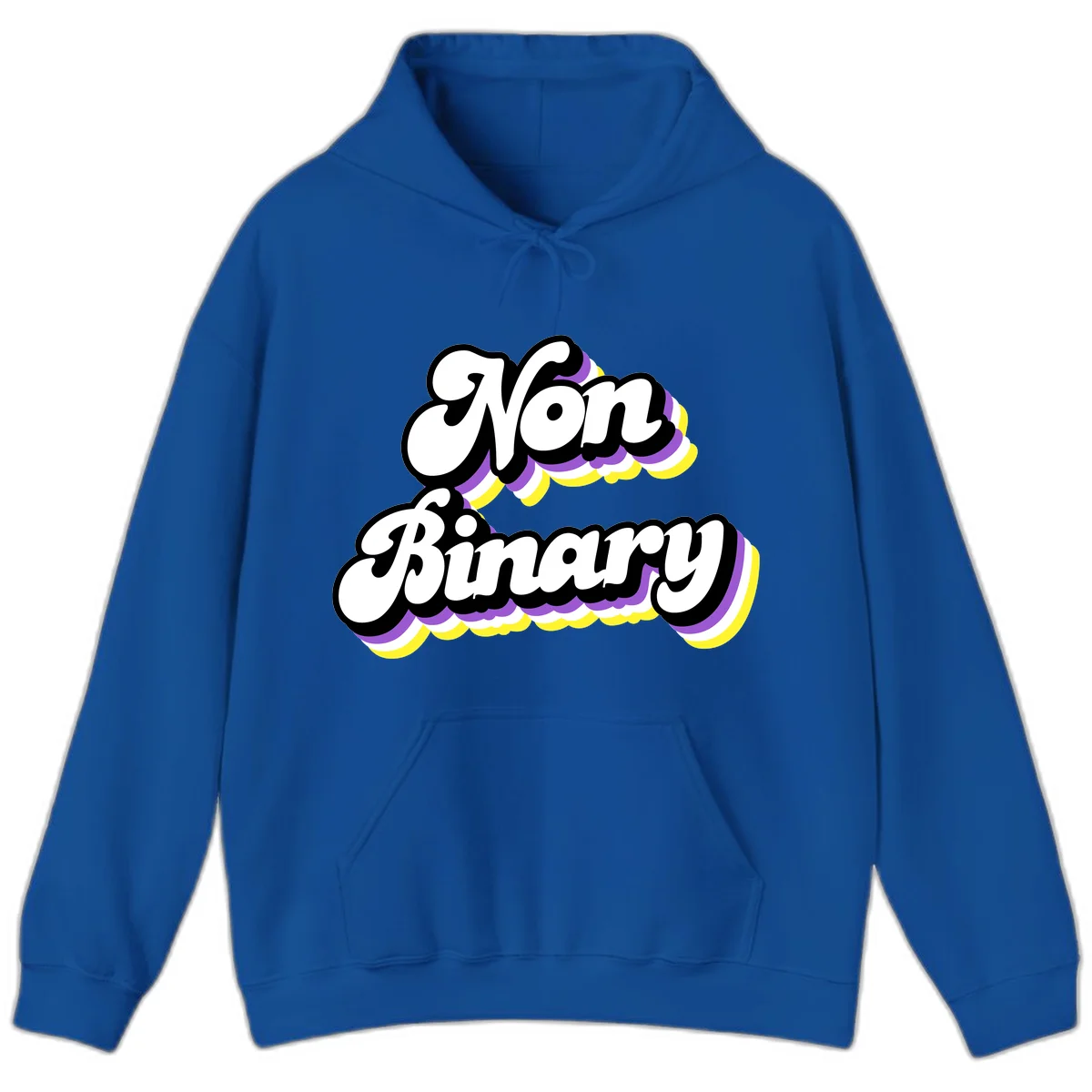 Non-binary pride cloud design with bold white lettering outlined in black and purple-yellow striped cloud shapes. in Royal