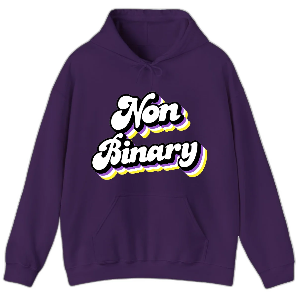 Non-binary pride cloud design with bold white lettering outlined in black and purple-yellow striped cloud shapes. in Purple