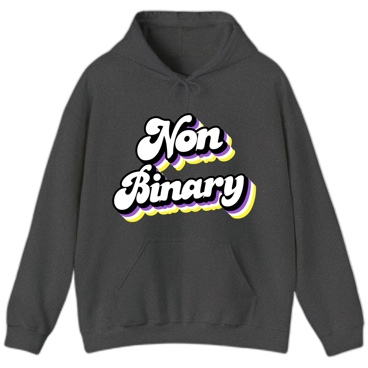 Non-binary pride cloud design with bold white lettering outlined in black and purple-yellow striped cloud shapes. in Dark Heather