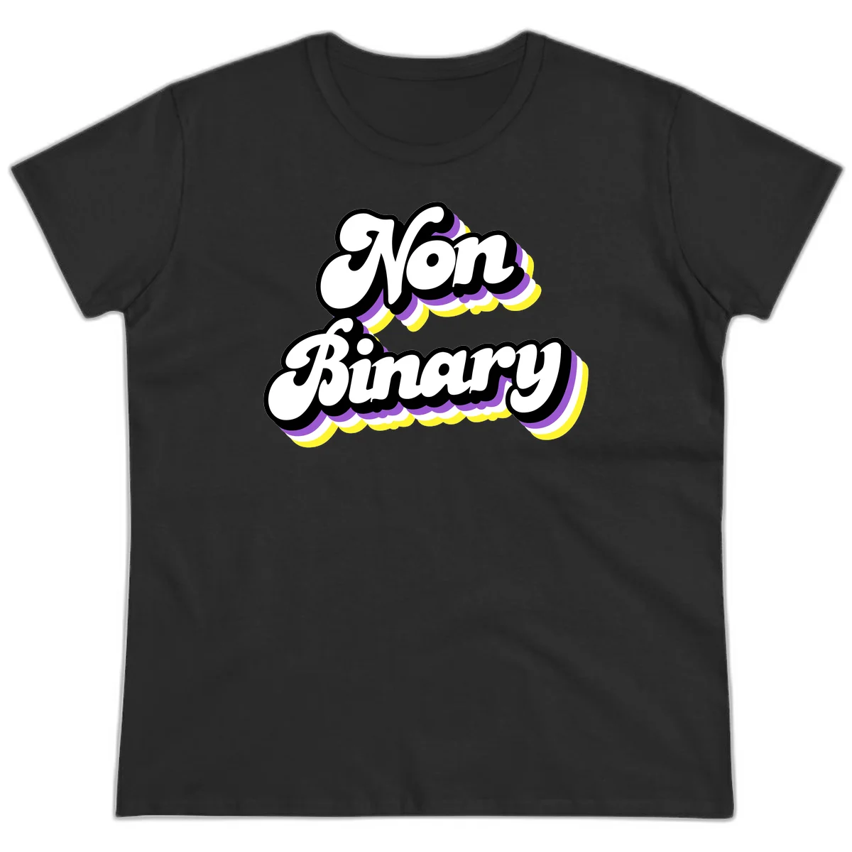 Non-binary pride cloud design with bold white lettering outlined in black and purple-yellow striped cloud shapes. in Black