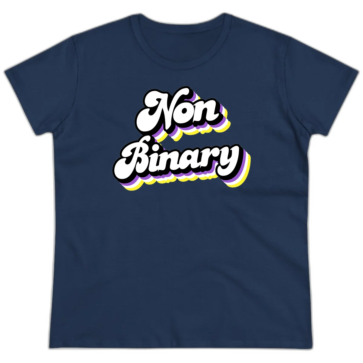 Non-binary pride cloud design with bold white lettering outlined in black and purple-yellow striped cloud shapes. in Navy