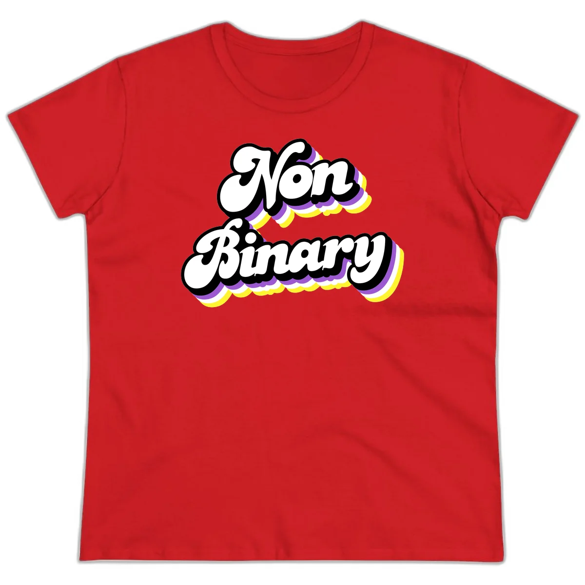Non-binary pride cloud design with bold white lettering outlined in black and purple-yellow striped cloud shapes. in Red