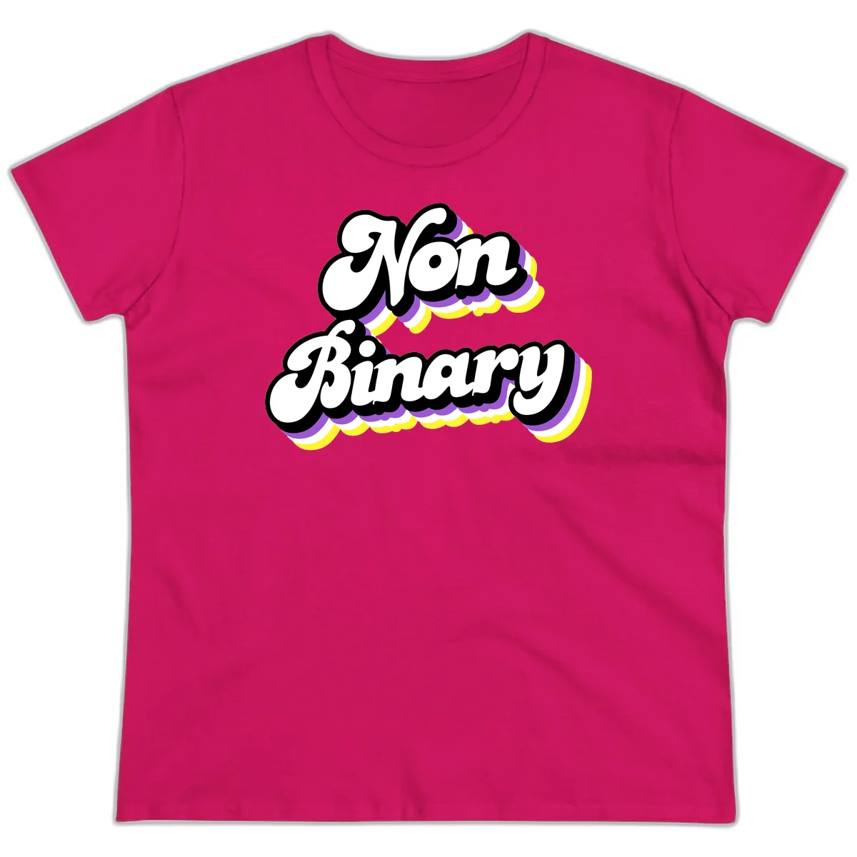 Non-binary pride cloud design with bold white lettering outlined in black and purple-yellow striped cloud shapes. in Heliconia