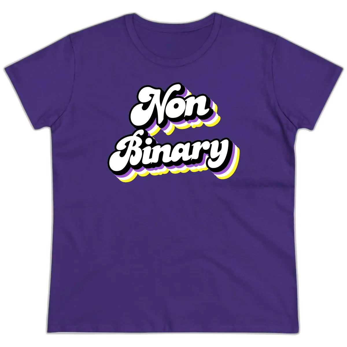 Non-binary pride cloud design with bold white lettering outlined in black and purple-yellow striped cloud shapes. in Purple