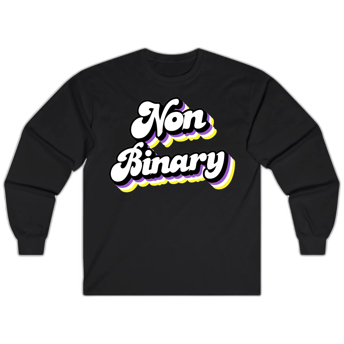 Non-binary pride cloud design with bold white lettering outlined in black and purple-yellow striped cloud shapes. in Black