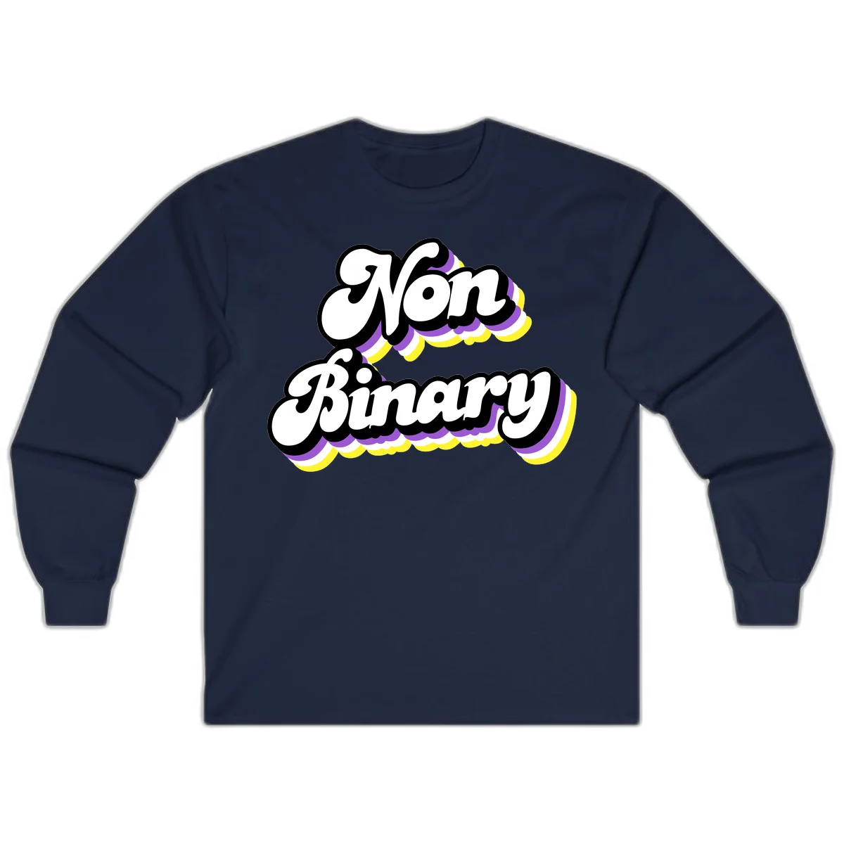 Non-binary pride cloud design with bold white lettering outlined in black and purple-yellow striped cloud shapes. in Navy