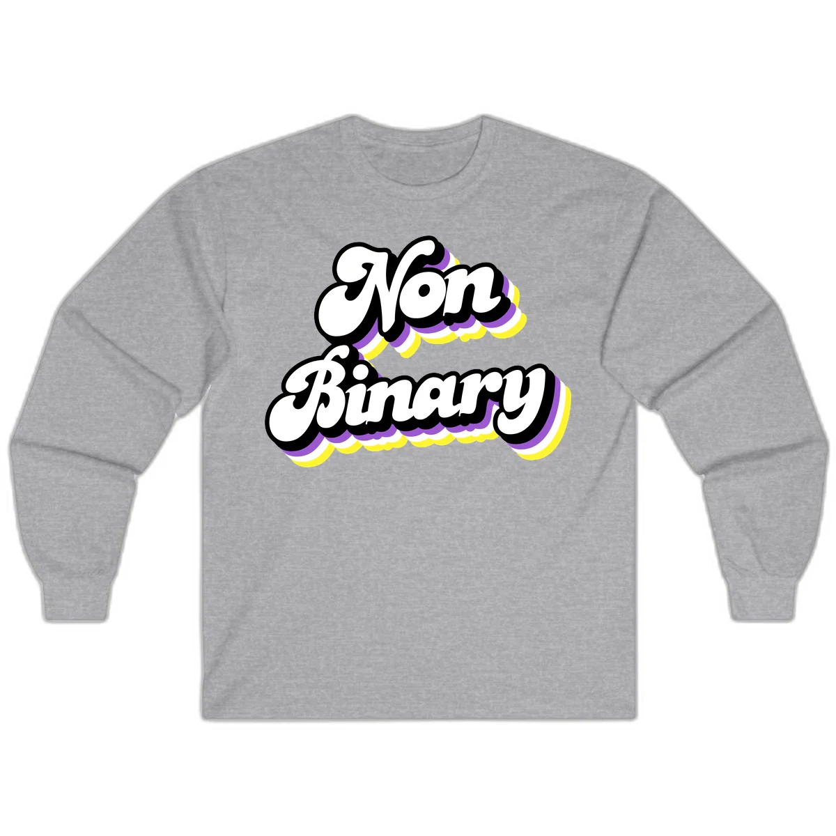 Non-binary pride cloud design with bold white lettering outlined in black and purple-yellow striped cloud shapes. in Sport Grey