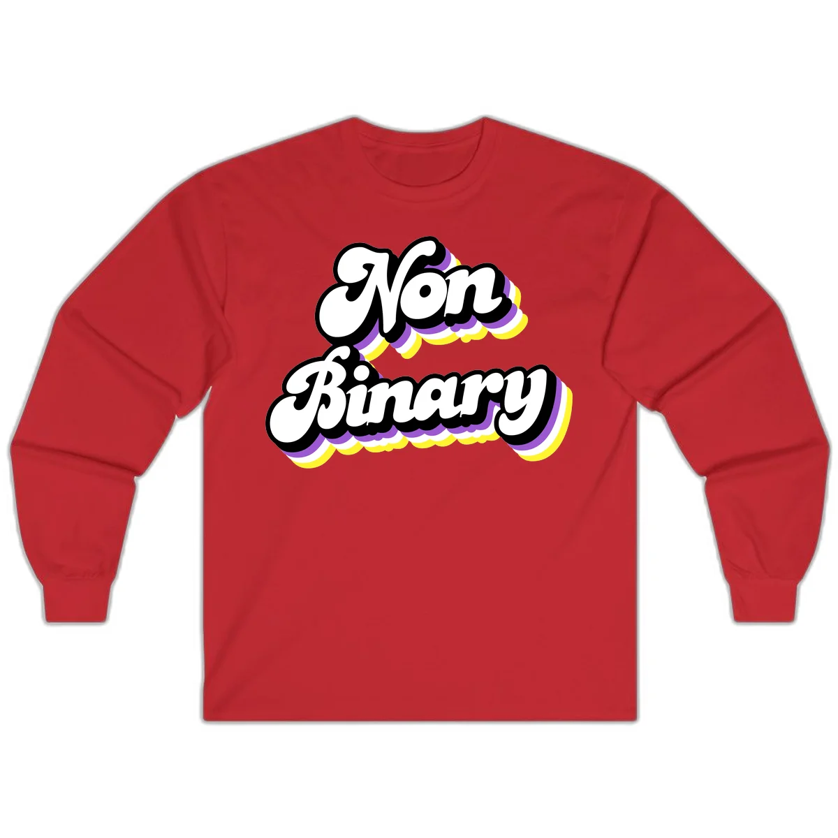 Non-binary pride cloud design with bold white lettering outlined in black and purple-yellow striped cloud shapes. in Red