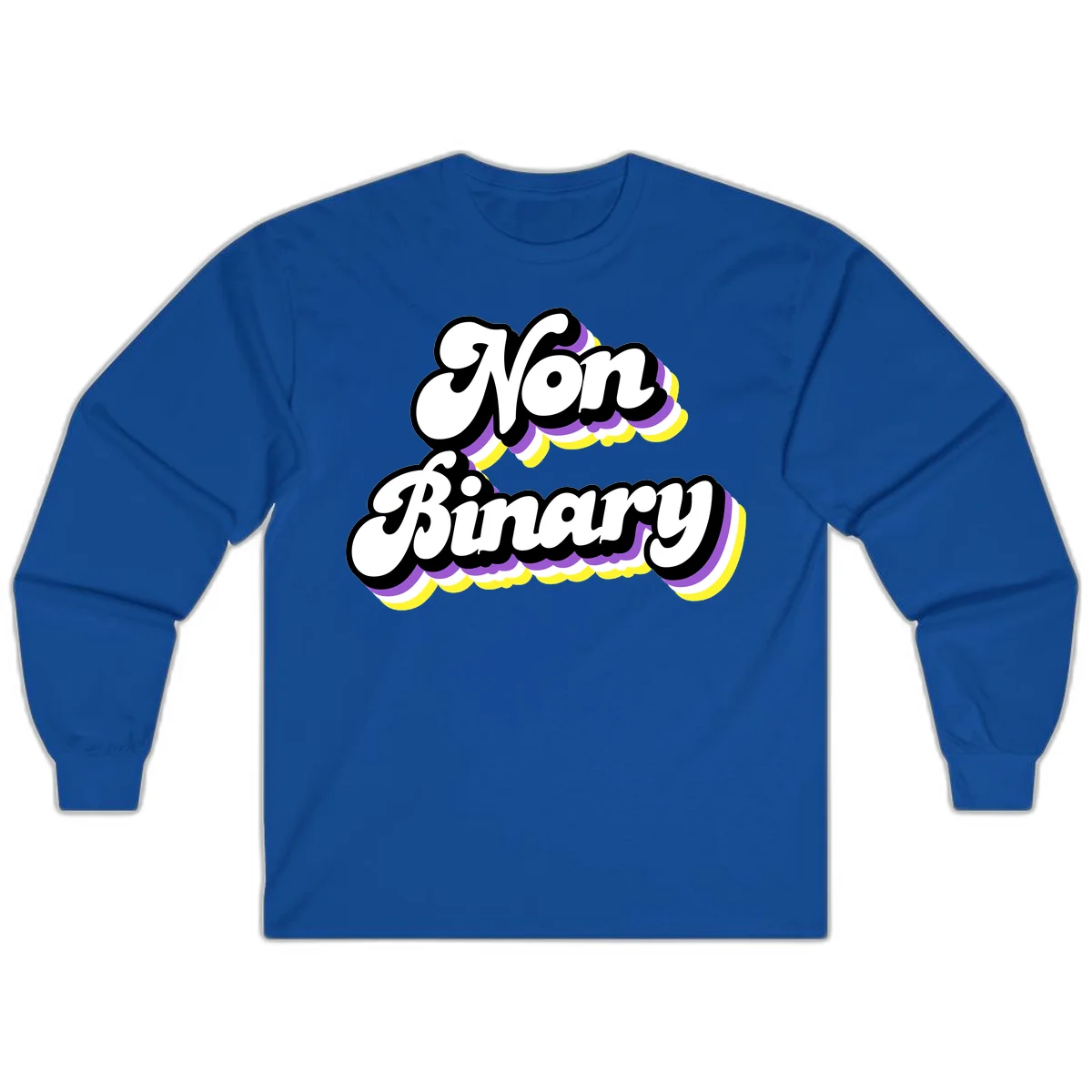 Non-binary pride cloud design with bold white lettering outlined in black and purple-yellow striped cloud shapes. in Royal