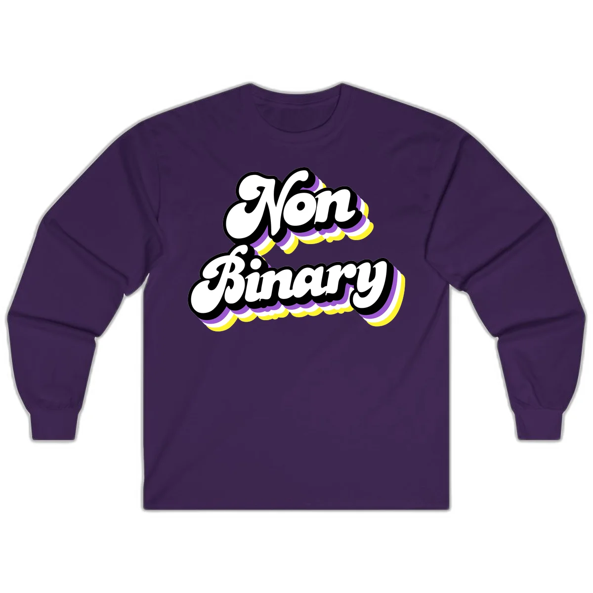 Non-binary pride cloud design with bold white lettering outlined in black and purple-yellow striped cloud shapes. in Purple