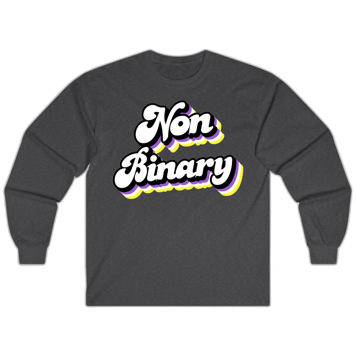 Non-binary pride cloud design with bold white lettering outlined in black and purple-yellow striped cloud shapes. in Dark Heather
