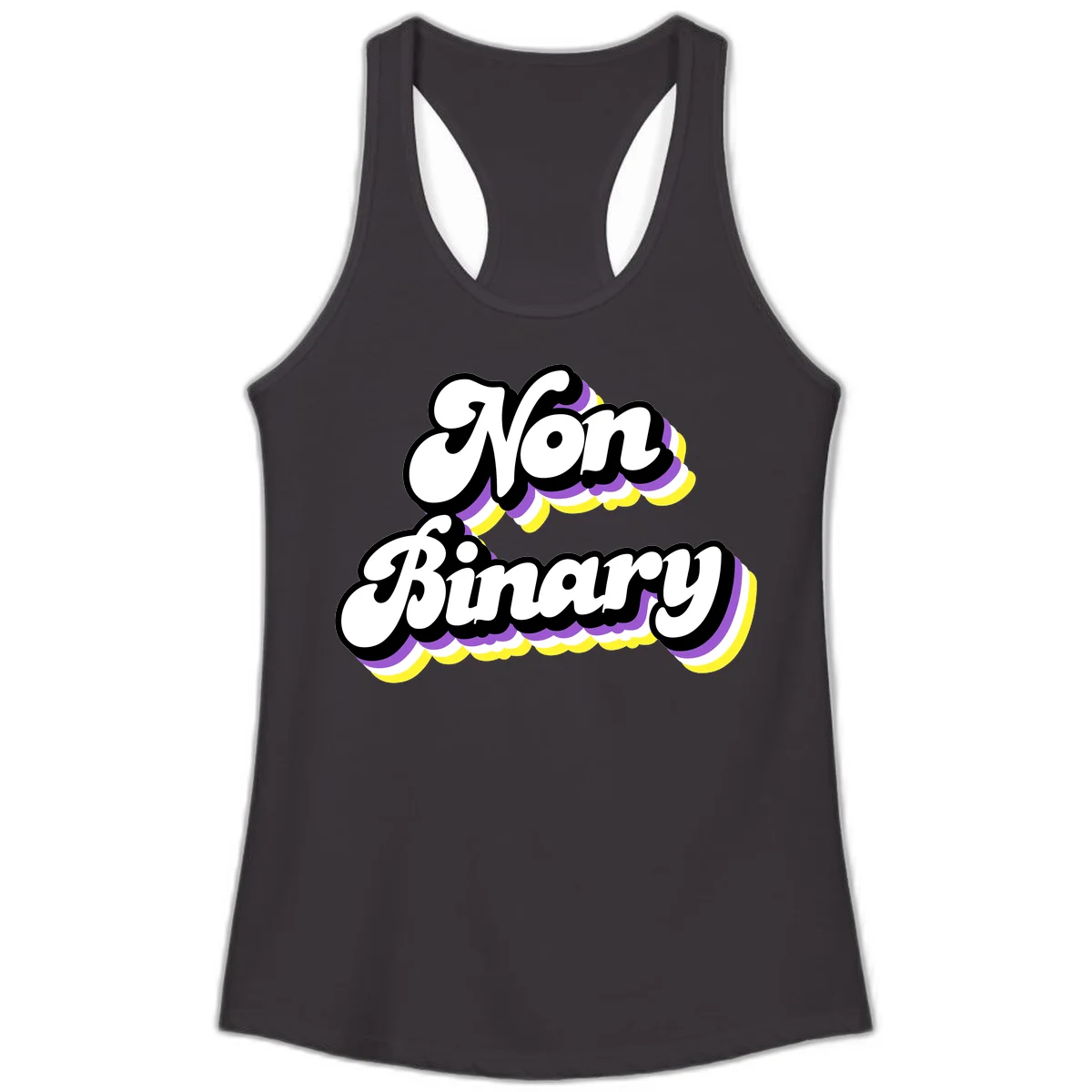 Non-binary pride cloud design with bold white lettering outlined in black and purple-yellow striped cloud shapes. in Black