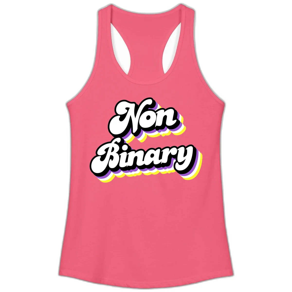 Non-binary pride cloud design with bold white lettering outlined in black and purple-yellow striped cloud shapes. in Hot Pink
